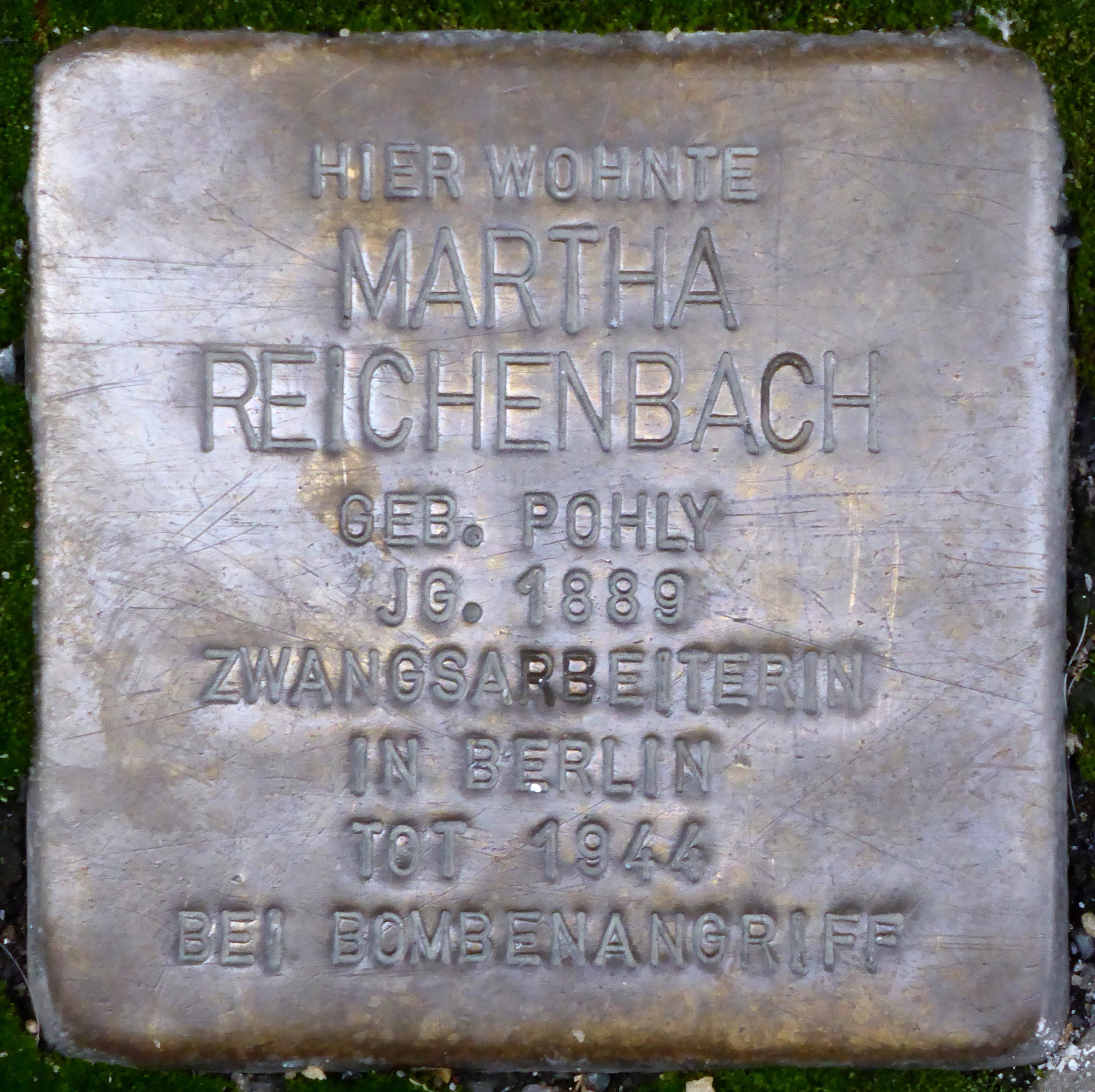 Brass Stolperstein at Breite Straße 7 naming Martha Reichenbach née Pohly