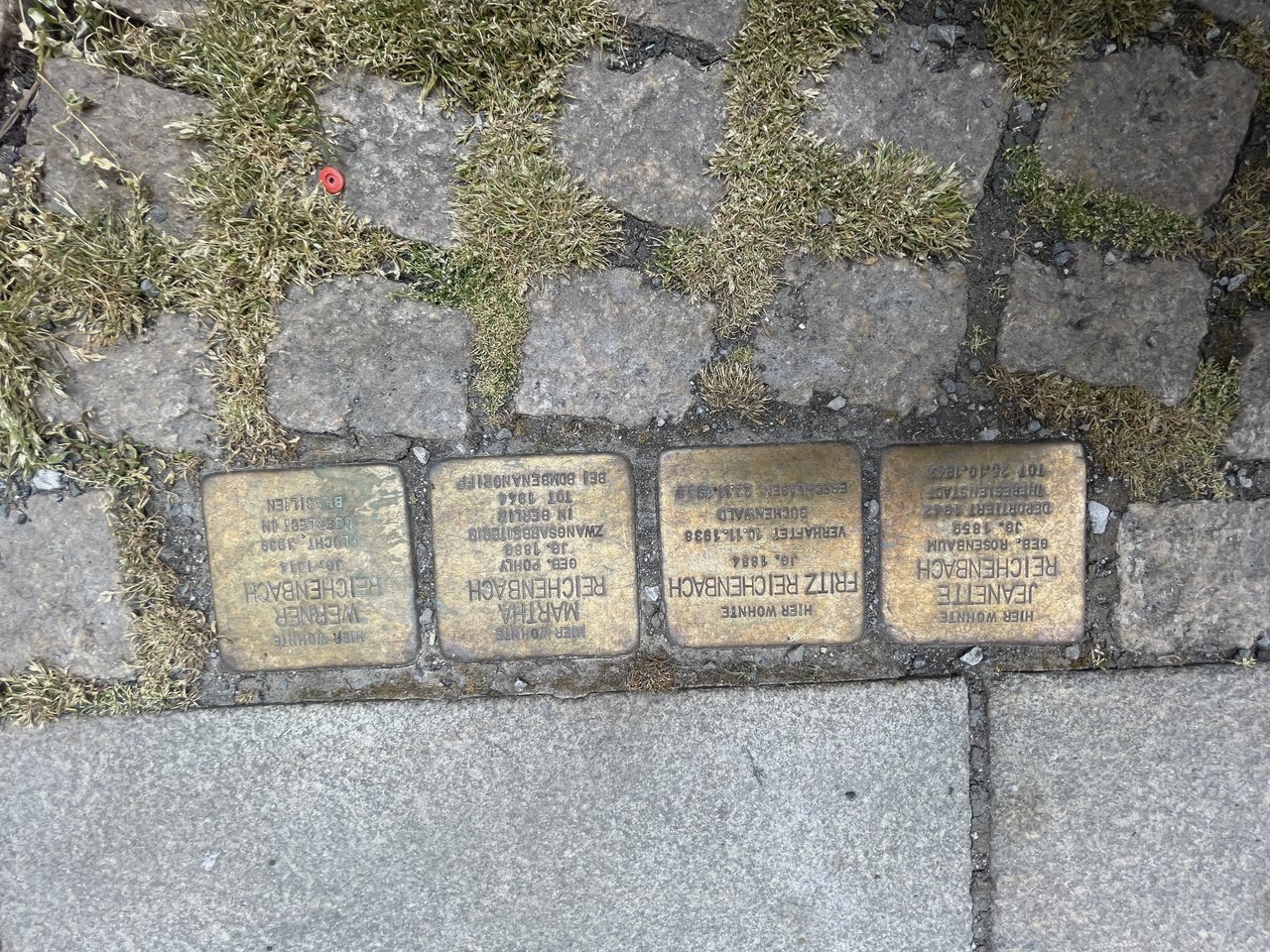 Four brass memorial stones for Jeanette, Fritz, Martha and Werner Reichenbach in Wernigerode