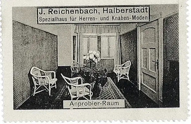 Conventionally adjusted viewing copy of the J. Reichenbach advertising stamp captioned Anprobier-Raum