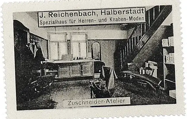Conventionally adjusted viewing copy of the J. Reichenbach advertising stamp captioned Zuschneider-Atelier