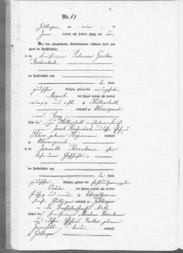Göttingen civil marriage record for Salomon Gustav Reichenbach and Jeanette Rosenbaum