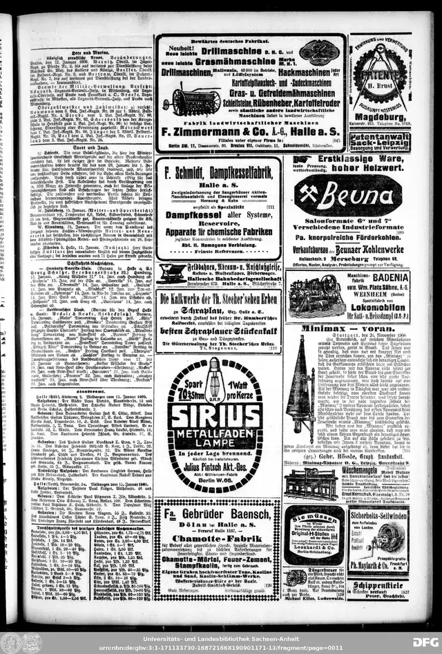 Page 11 of the Hallesche Zeitung dated 17 January 1909, with marriage banns naming Siegfried Sernau of Halle and Else Reichenbach of Halberstadt