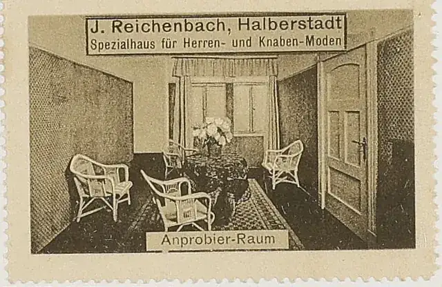 Original institutional scan crop of the J. Reichenbach advertising stamp captioned Anprobier-Raum