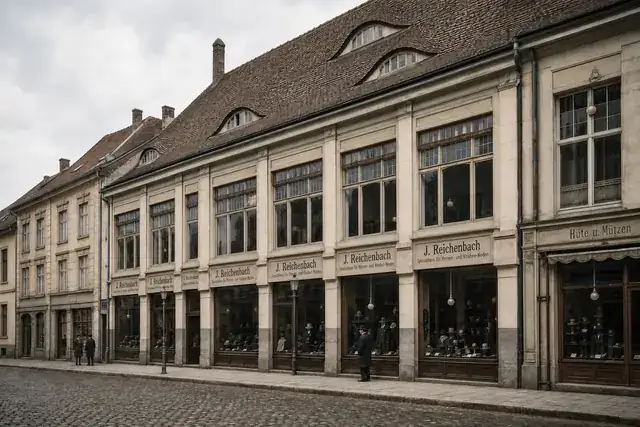 AI-generated color visualization based on the J. Reichenbach advertising stamp captioned Geschäftshaus — second view