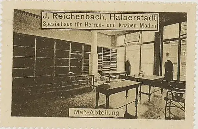 Original institutional scan crop of the J. Reichenbach advertising stamp captioned Maß-Abteilung