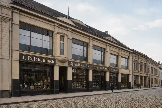 AI-generated color visualization based on the J. Reichenbach advertising stamp captioned Geschäftshaus