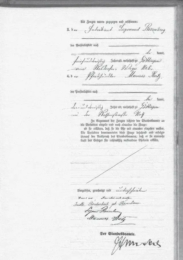 Signature and witness page from Gustav Reichenbach and Jeanette Rosenbaum’s marriage record