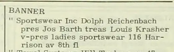 Cropped 1964 Boston directory entry for Banner Sportswear Inc., naming Dolph Reichenbach as president
