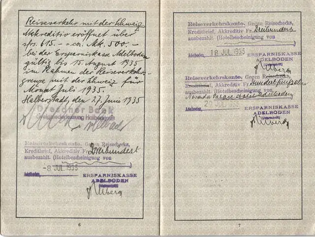 Passport currency-control entries from Paul Reichenbach’s German passport