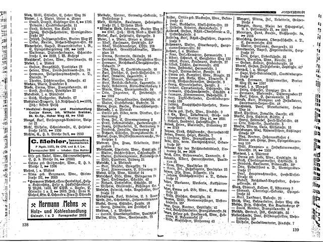Two-page spread from the 1940 Halberstadt address book listing Hans Mennigen as a merchant at Buchhornstrasse 8a with telephone 2116
