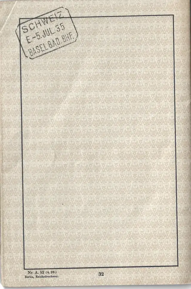 Passport: Basel entry stamp from Paul Reichenbach’s German passport