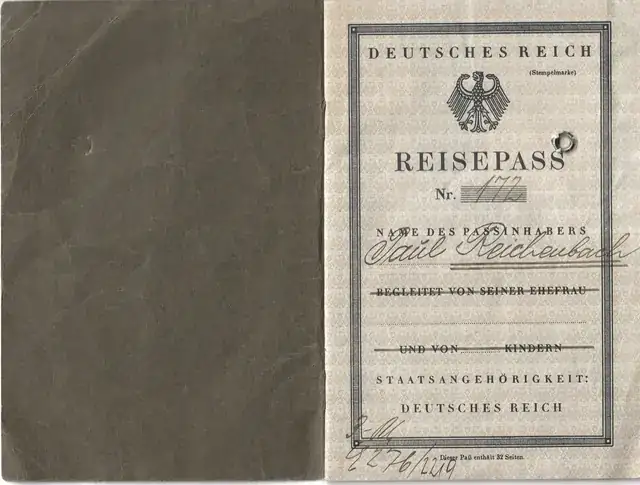 Passport title page from Paul Reichenbach’s German passport