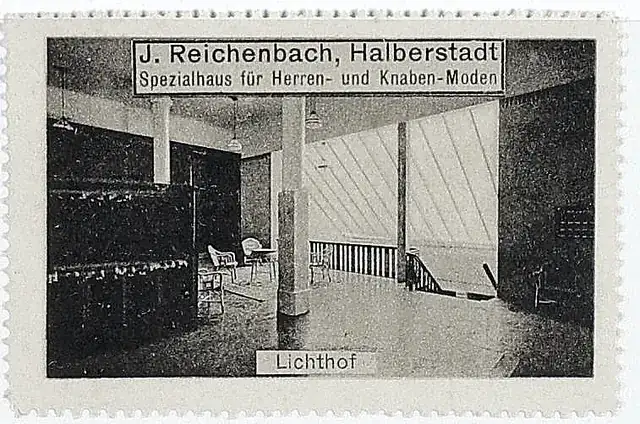 Conventionally adjusted viewing copy of the J. Reichenbach advertising stamp captioned Lichthof