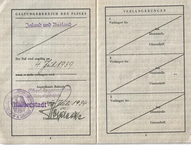 Passport validity extensions from Paul Reichenbach’s German passport