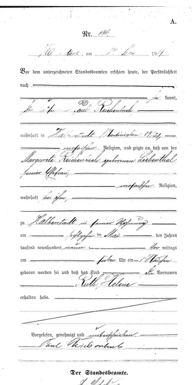 Ruth Helene Reichenbach’s birth record, supplied by the Halberstadt archive and prepared in correct reading orientation